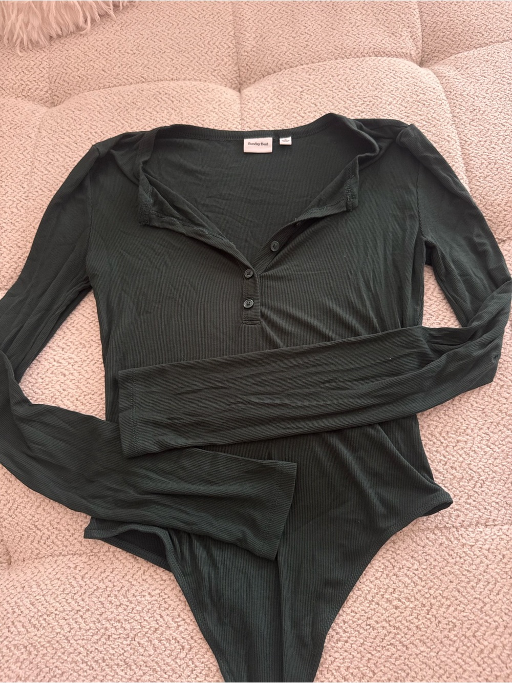 Sunday Best Dark Green Ribbed Long-Sleeve Henley Bodysuit
